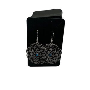 Silver Filigree Mandala Dangle Earrings With Blue Gemstone Accents For Women